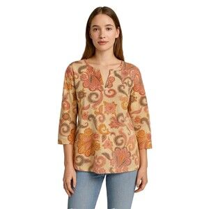 Caribbean Joe Shirt Womens Med Orange Paisley Tropical Hawaii Resort Boho Artsy